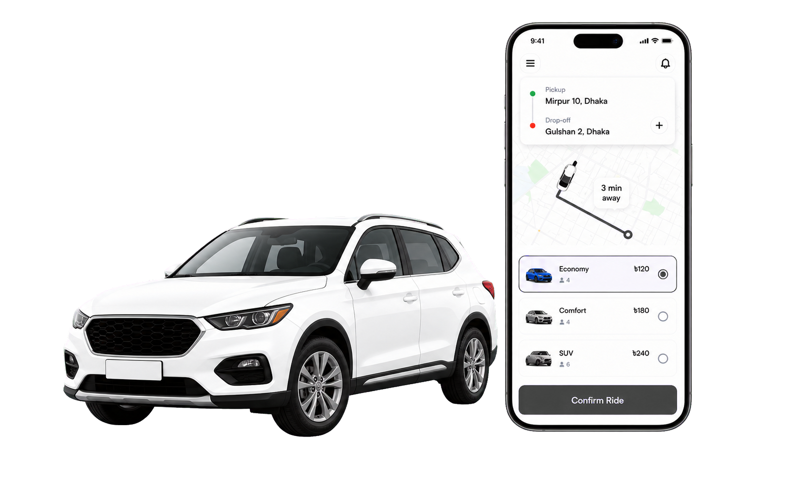 Fleetman Pro app preview with route map and white SUV